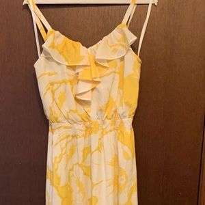 Loft yellow & white print dress with split size 2